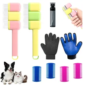 Jeyermier 761086560252 9 Pcs Pet Grooming Brush Set Self Cleaning Hair Removal Blue Pink Yellow