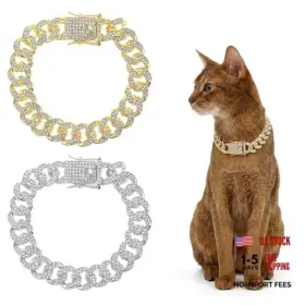 Matwsec 5284muxz5478 2pcs Gold Cat Chain Collar Diamond Dog Collars Cuban Link 8 Inch
