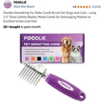 Poodlie Pet Dematting Comb For Dogs & Cats Undercoat Rake Grooming Brush Tool. Fixed Price $14.99.